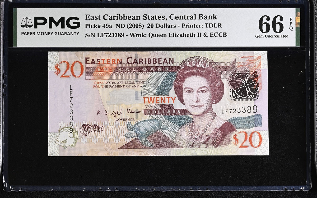 East Caribbean 20 Dollars ND 2008 P 49 a Gem UNC PMG 66 EPQ , QEII