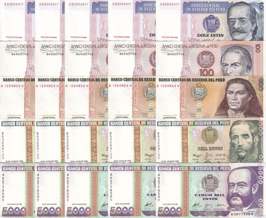Peru Set 5 X LOT 5 = 25 UNC 10 100 500 1000 5000 INTIS P 129 133 134 136 137