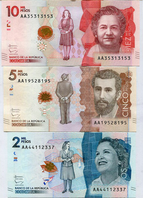 Colombia Set 3 Pcs 2000 5000 10000 Pesos P 458 459 460 UNC Random Date & Sign