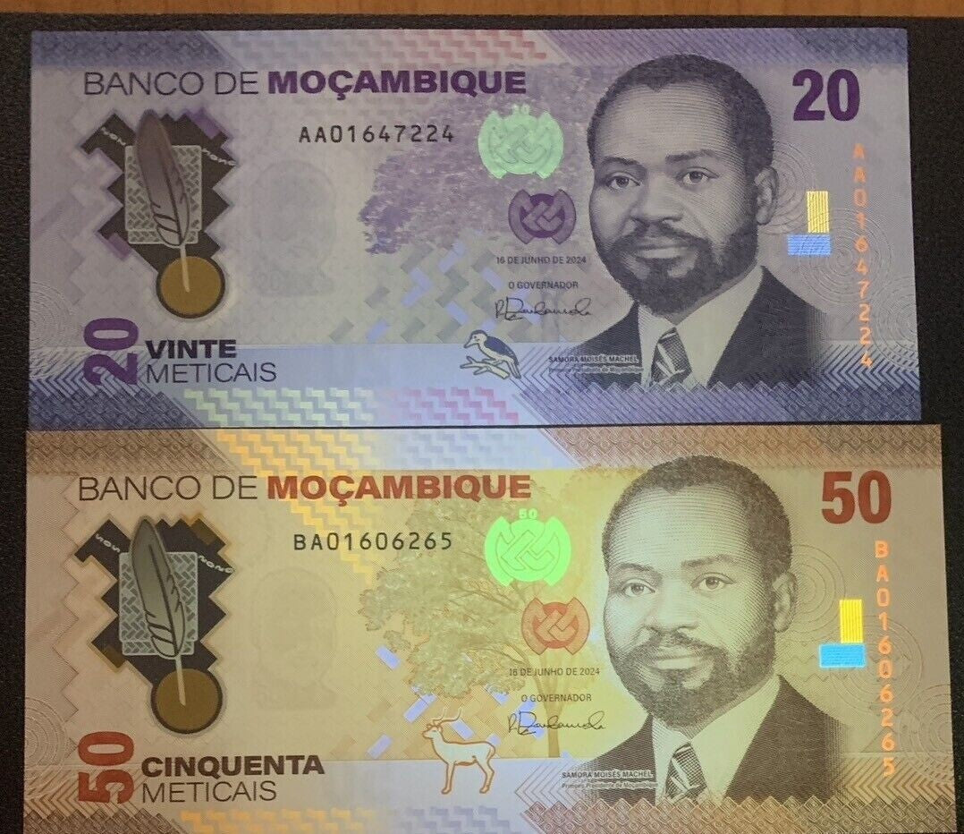 Mozambique set 2 UNC 20 50 Meticais 2024 Polymer P 155 156 LOT 10 Sets = 20 Pcs