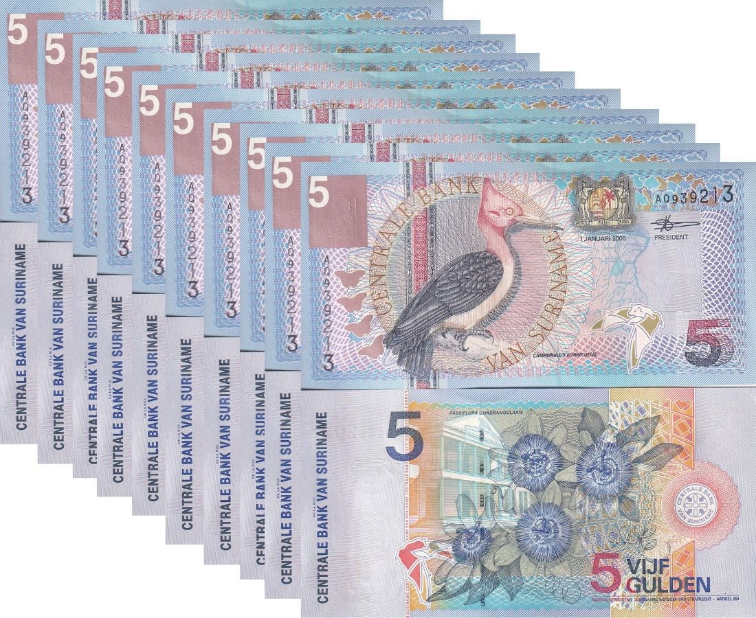 Suriname 5 Gulden 2000 P 146 Red-necked woodpecker LOT 10 UNC