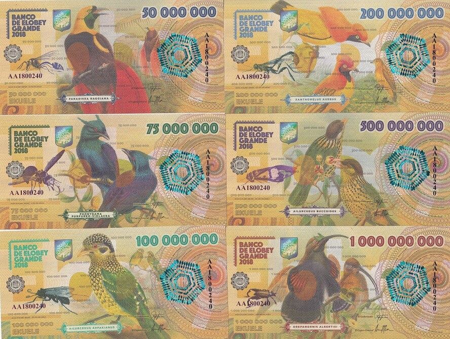 Elobey Grande Set 6 50 75 100 200 500 1000 Million Ekuele 2018 Bird Fantasy