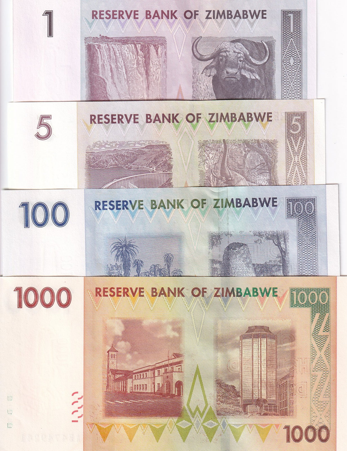 Zimbabwe Set 4 UNC 1 5 100 1000 Dollars 2007 P 65 66 69 71