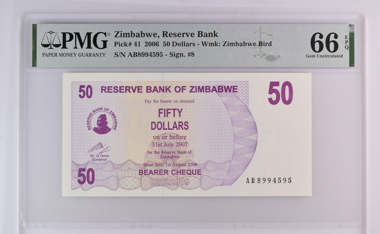 Zimbabwe 50 Dollars 2006 P 41 Gem UNC PMG 66 EPQ