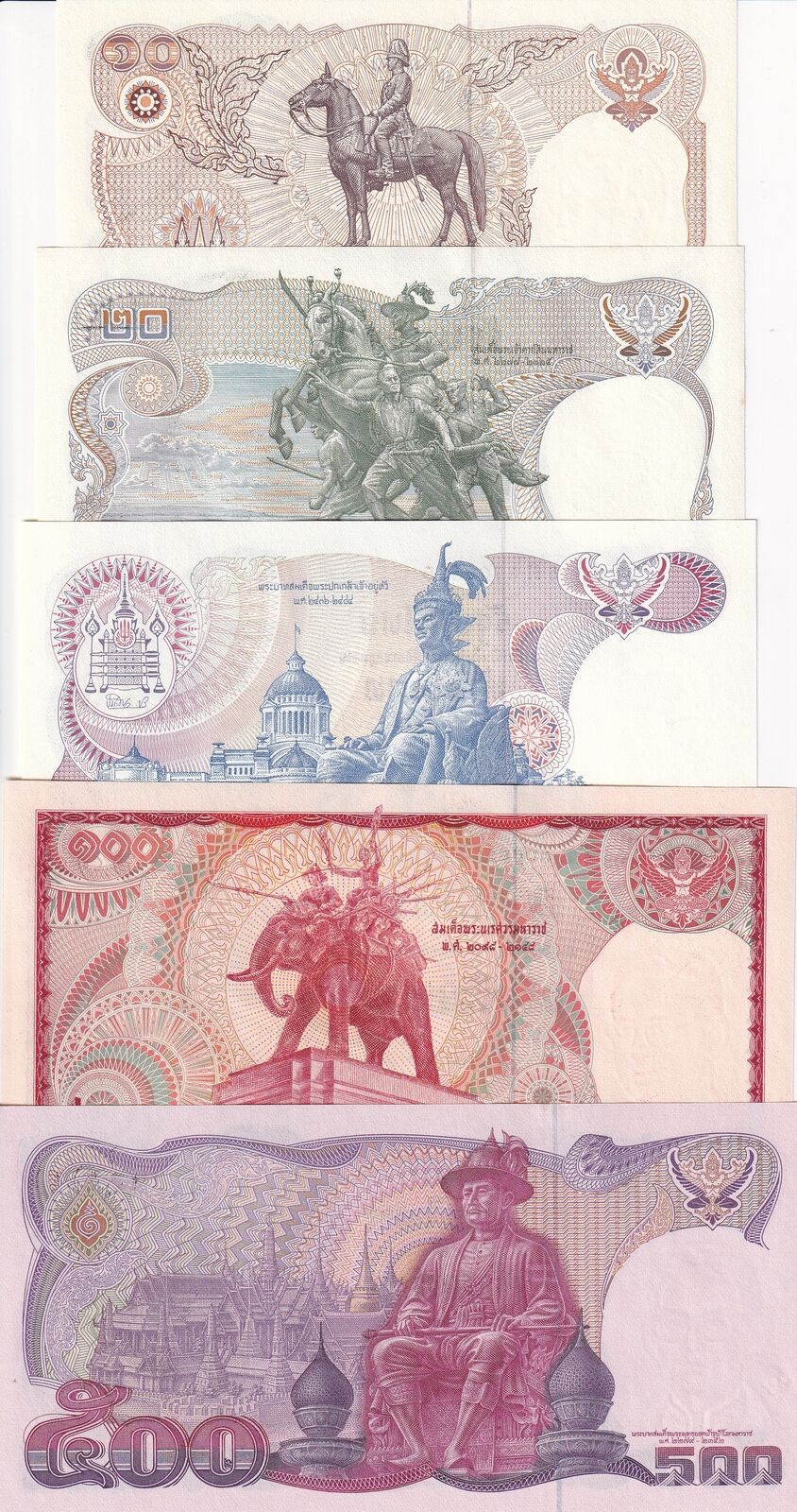 Thailand set 5 UNC 10 20 50 100 500 Baht 1969-1988 P 87 88 89 90 91 Random Sign