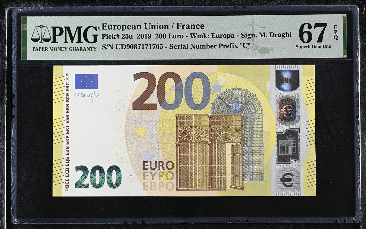 Euro 200 Euro France 2019 P 25 u Superb Gem UNC PMG 67 EPQ Cantilever bridge