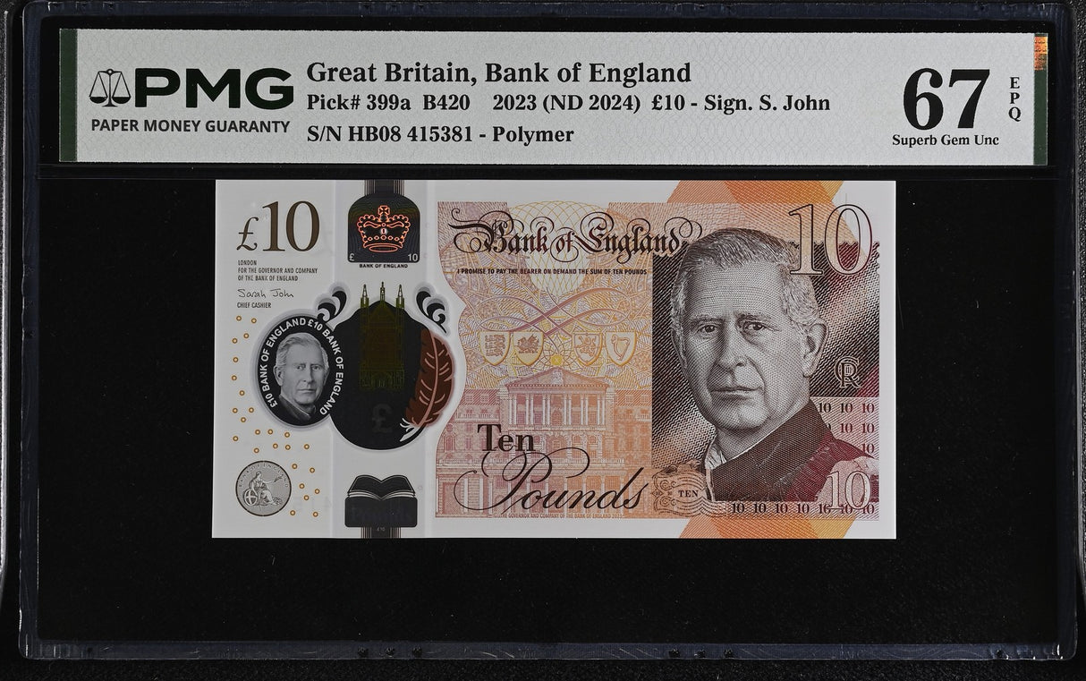 Great Britain 10 Pounds 2023 ND 2024 P 399 a Polymer Superb Gem UNC PMG 67 EPQ