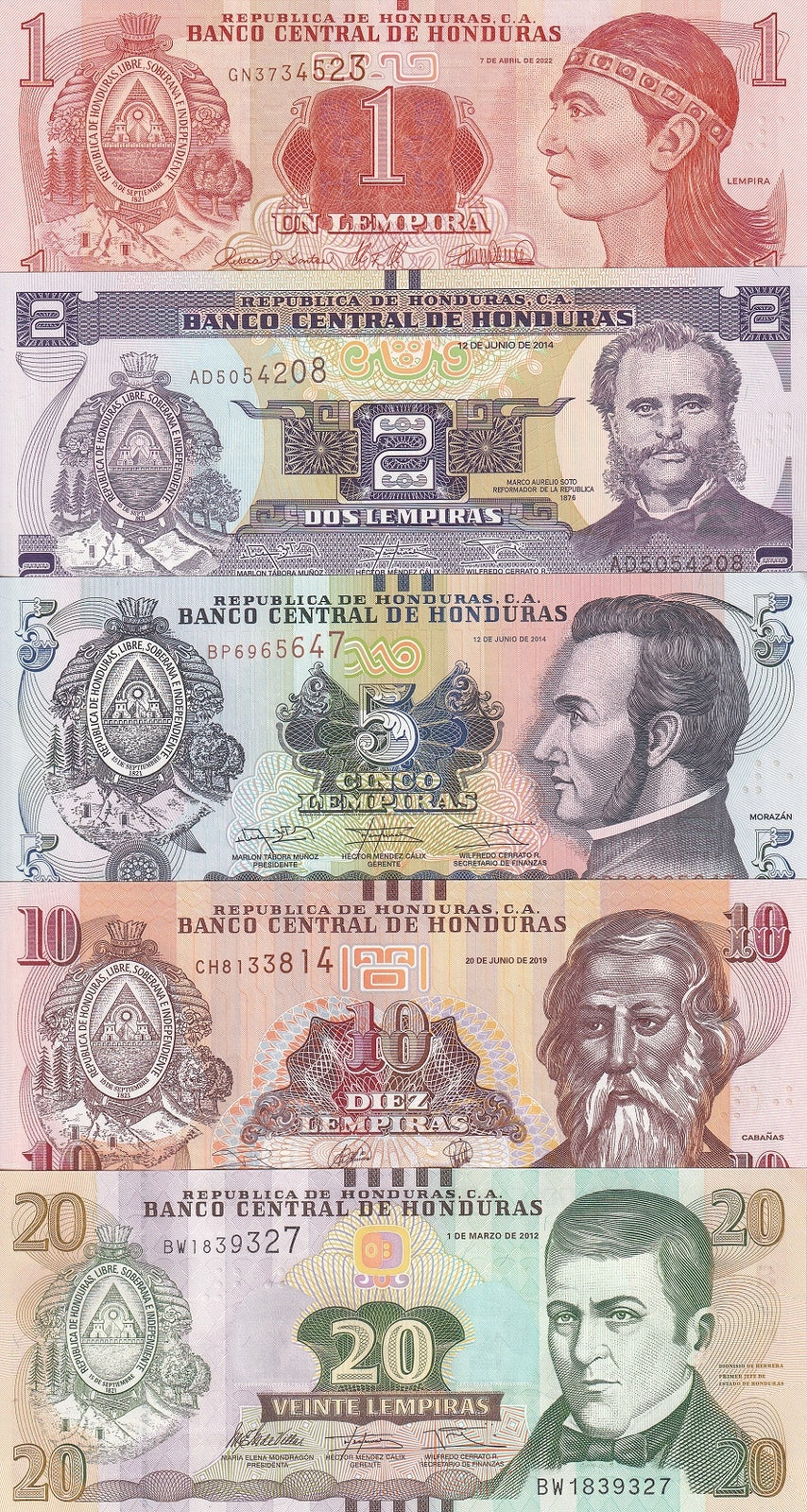 Honduras Set 5 Pcs 1 2 5 10 20 Lempiras Random Date P 96 97 98 99 100 UNC