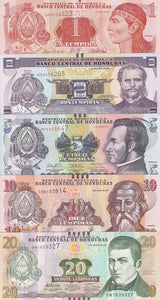 Honduras Set 5 Pcs 1 2 5 10 20 Lempiras Random Date P 96 97 98 99 100 UNC