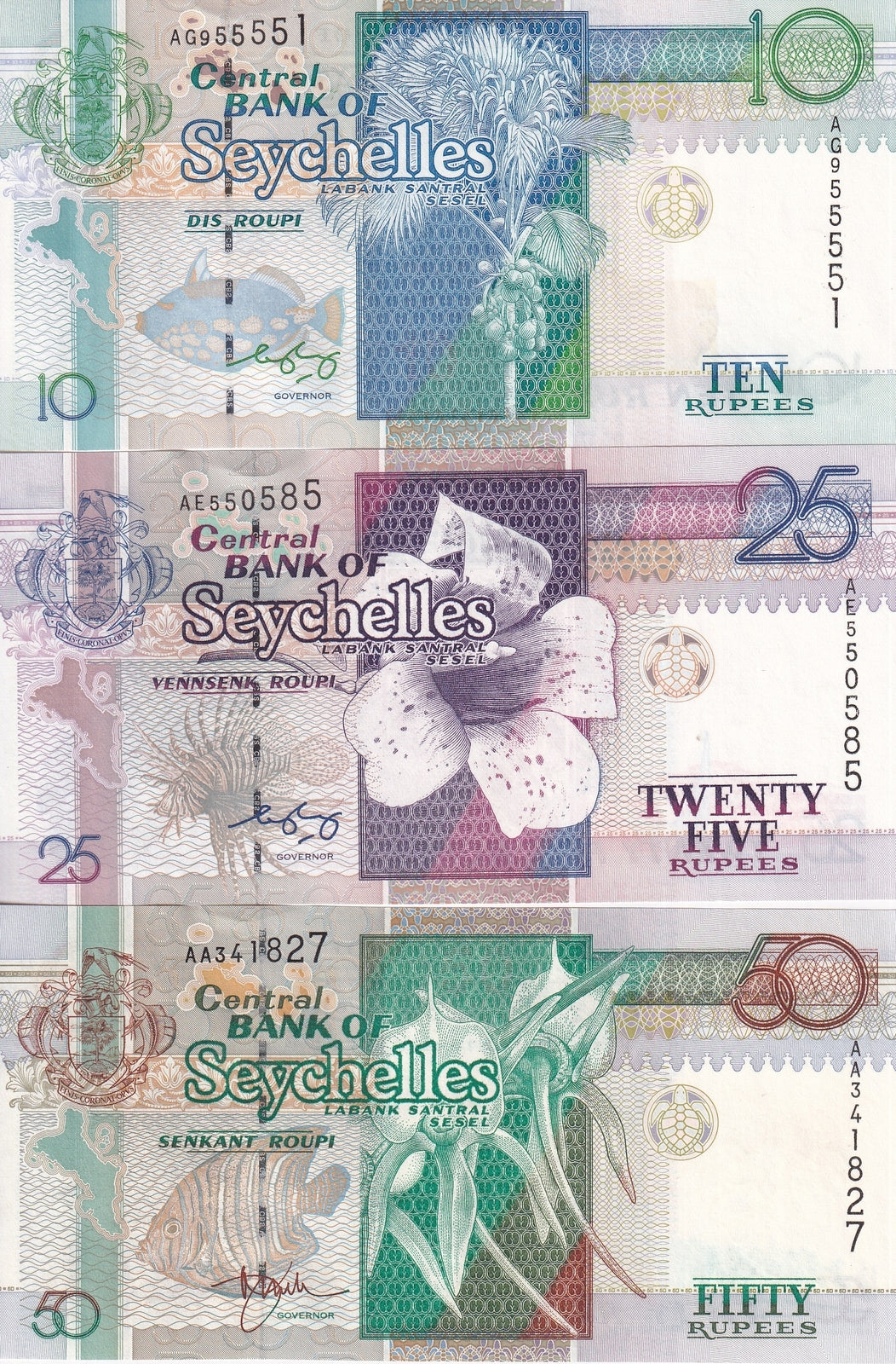 Seychelles Set 3 PCS 10 25 50 Rupees Radom Date P 36 37 38 UNC