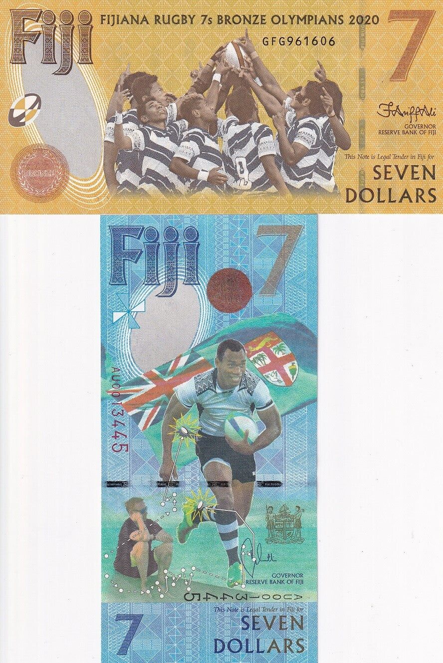 Fiji SET 2 UNC 7 Dollars 2017 2022 P 120 122 Commemorative RUGBY