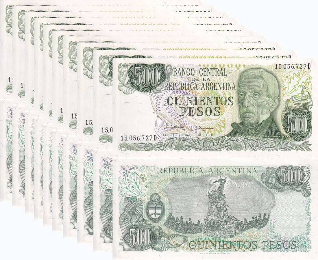 Argentina 500 Pesos ND 1982 P 303 c UNC LOT 10 PCS 1/10 Bundle