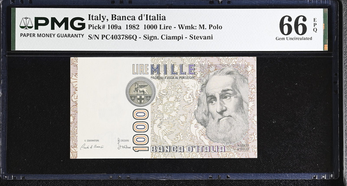 Italy 1000 Lire 1982 P 109 a Gem UNC PMG 66 EPQ ,WTM M. Polo