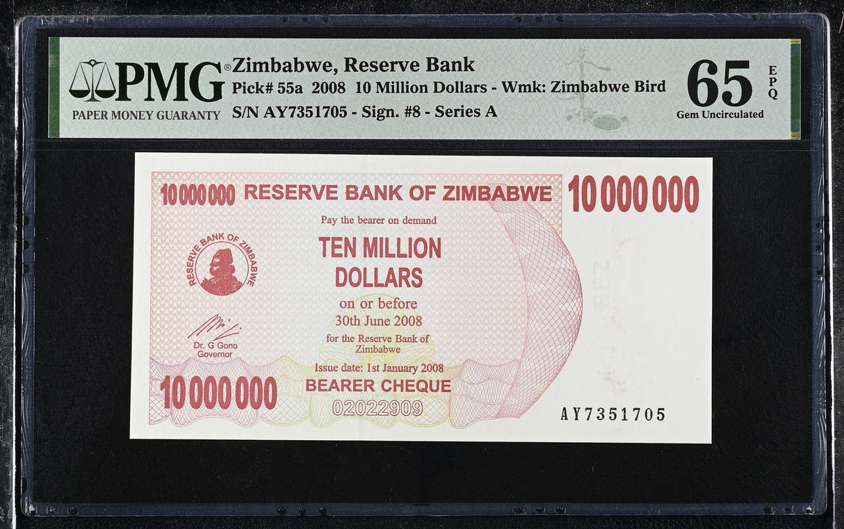 Zimbabwe 10 Million Dollars 2008 P 55 a Gem UNC PMG 65 EPQ