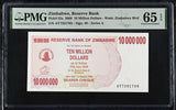 Zimbabwe 10 Million Dollars 2008 P 55 a Gem UNC PMG 65 EPQ