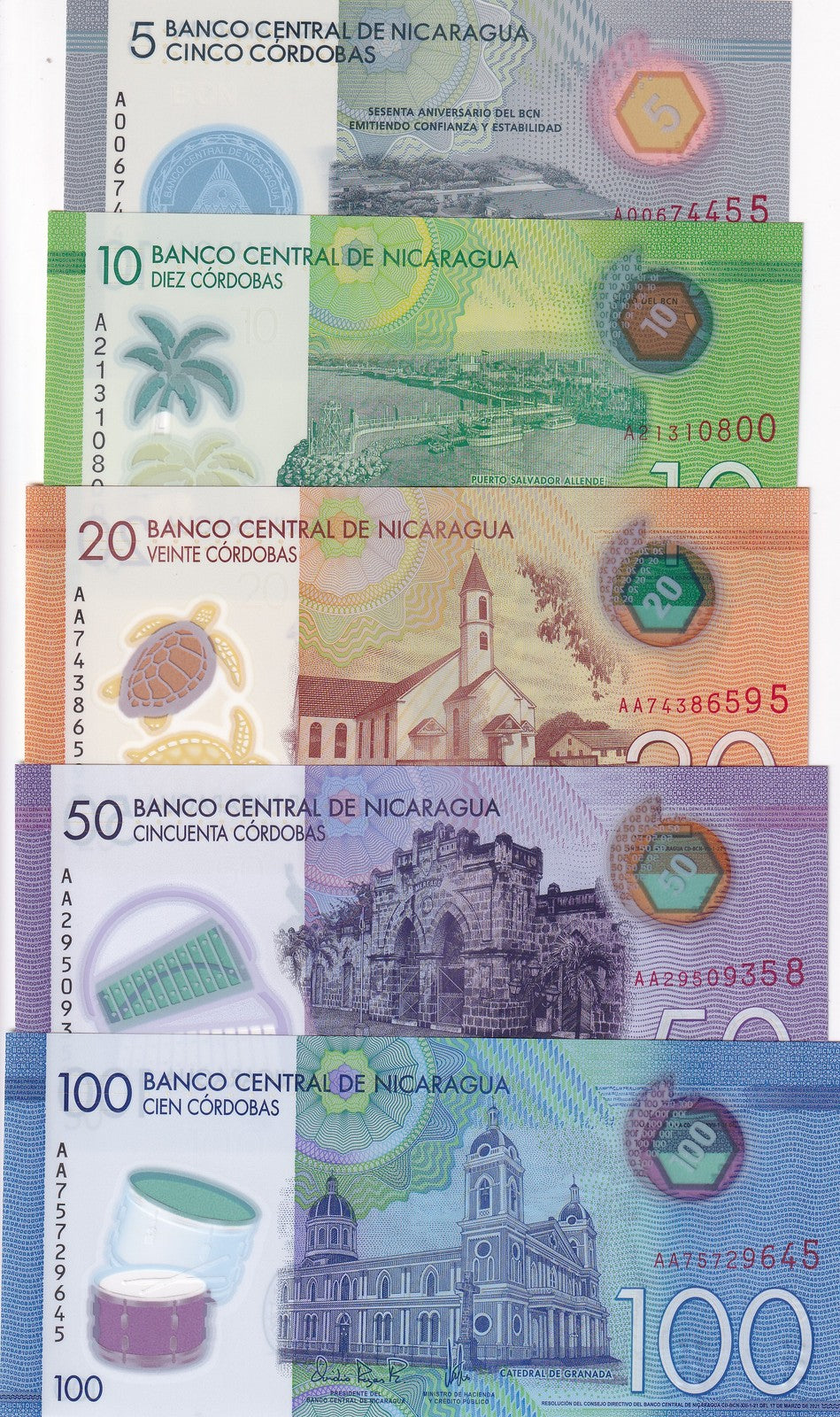 Nicaragua Set 5 UNC 5 10 20 50 100 Cordobas 2019- 2022 Polymer P 209 210 - 219