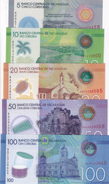 Nicaragua Set 5 UNC 5 10 20 50 100 Cordobas 2019- 2022 Polymer P 209 210 - 219
