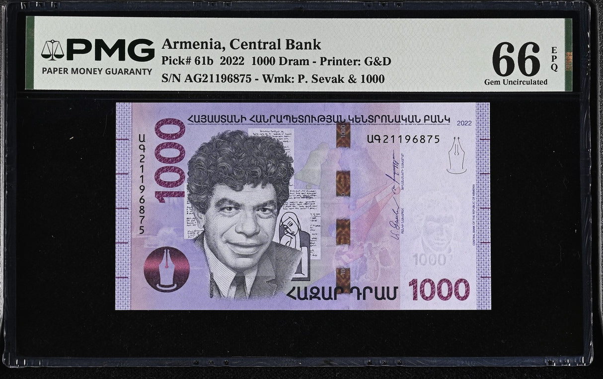 Armenia 1000 Dram 2022 P 61 b Gem UNC PMG 66 EPQ