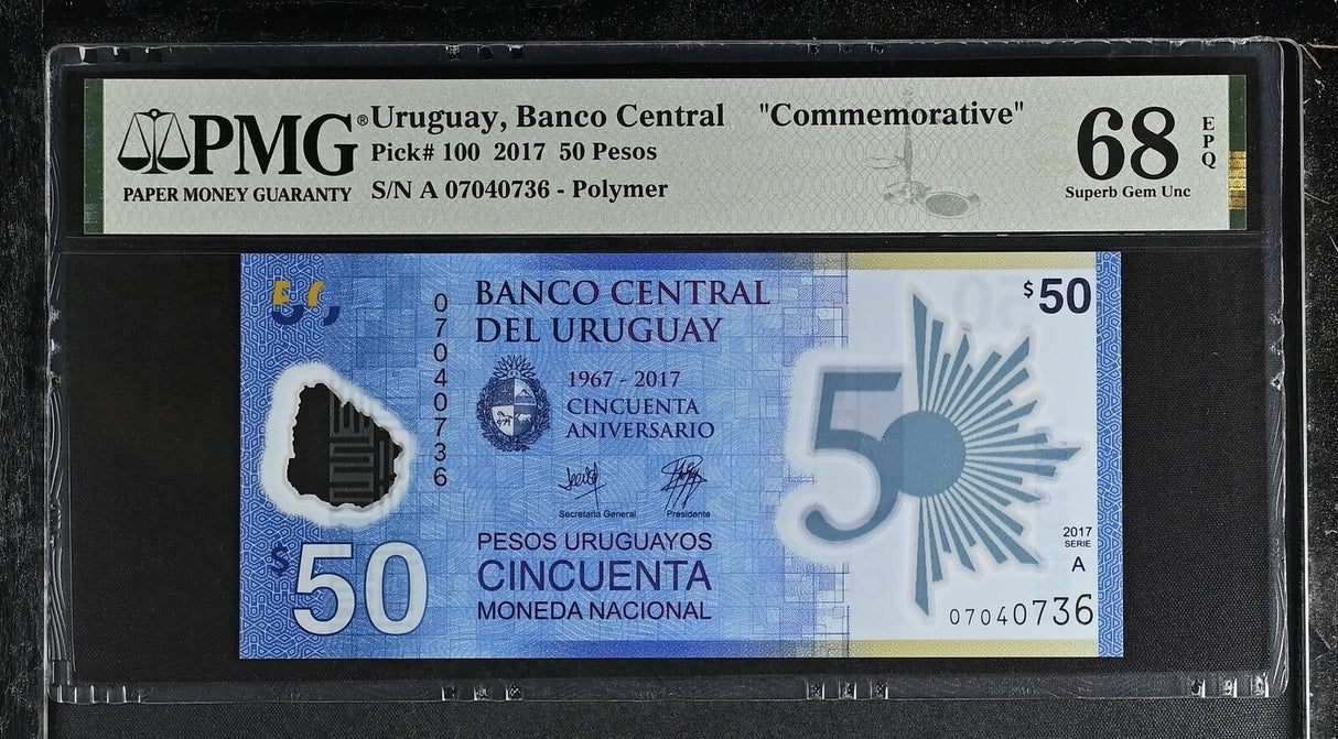 Uruguay 50 Pesos 2017 Polymer Commemorative P 100 Superb Gem UNC PMG 68 EPQ