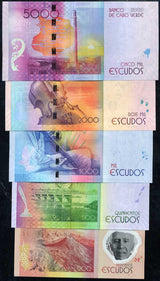 Cape Verde Set 5 Pcs 200 500 1000 2000 5000 Escudos 2014 P 71 72 73 74 75 UNC