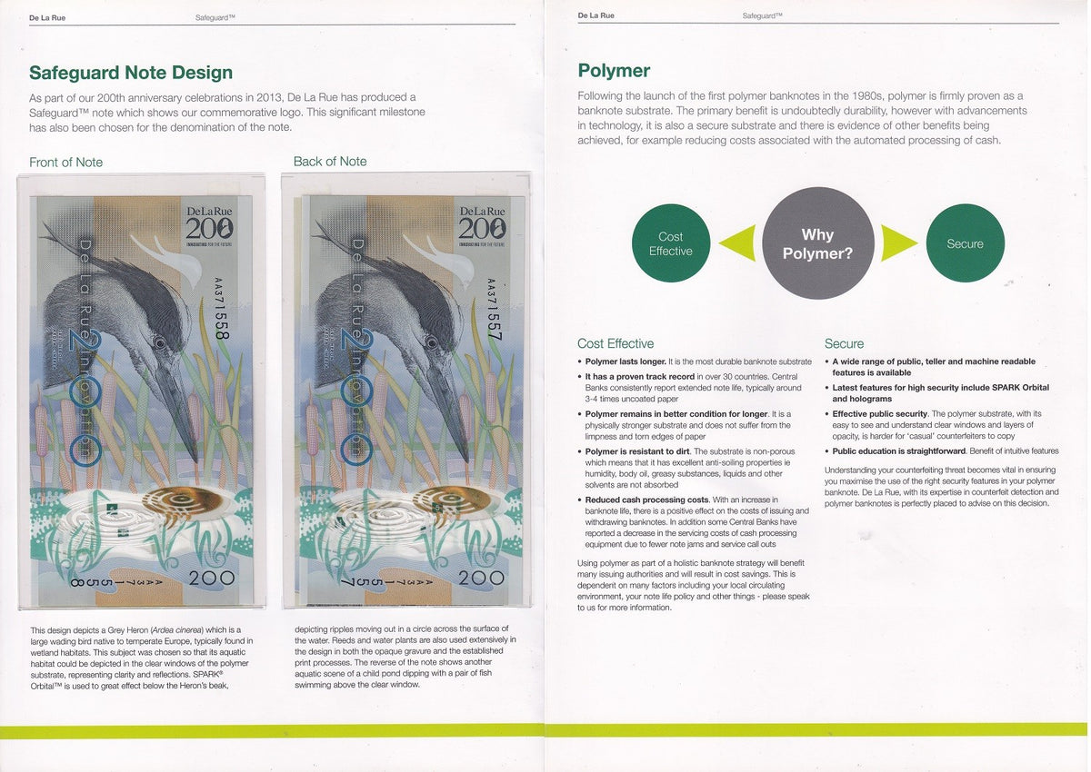 TEST NOTE set 2 Polymer ,TDLR, De La Rue , GBR 2013, 200 Spark , with Folder