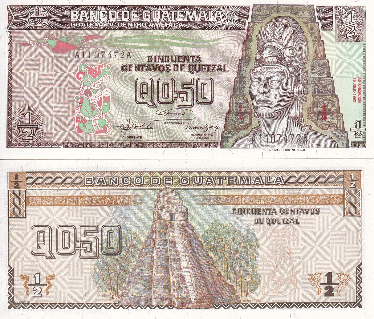Guatemala 1/2 Half Quetzal 50 centavos 1992 P 72 b UNC