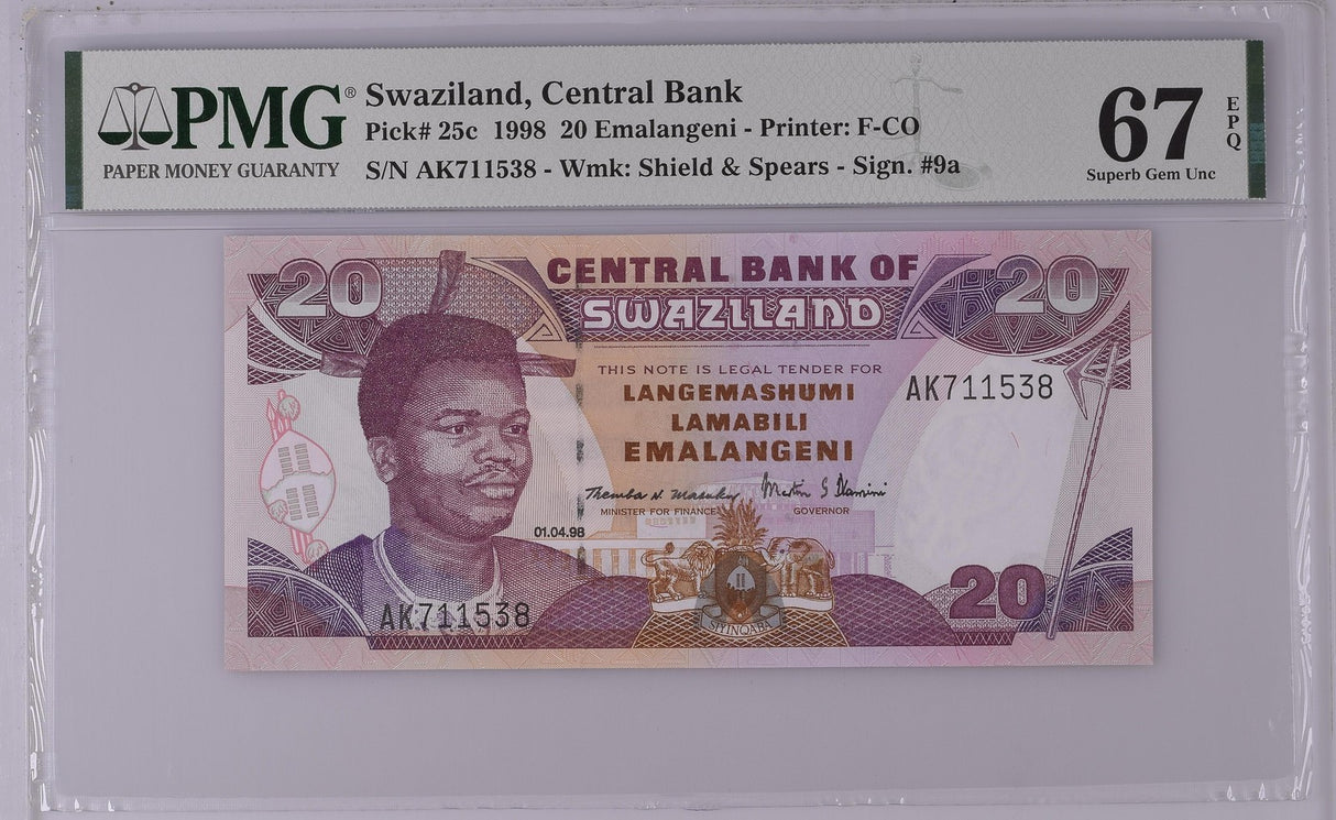 Swaziland 20 Emelangeni 1998 P 25 c Superb Gem UNC PMG 67 EPQ