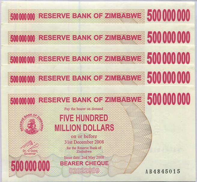 Zimbabwe 500 Million Dollars 2008 P 60 AUnc LOT 5 PCS , Tigerfish, Kariba dam
