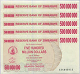 Zimbabwe 500 Million Dollars 2008 P 60 AUnc LOT 5 PCS , Tigerfish, Kariba dam