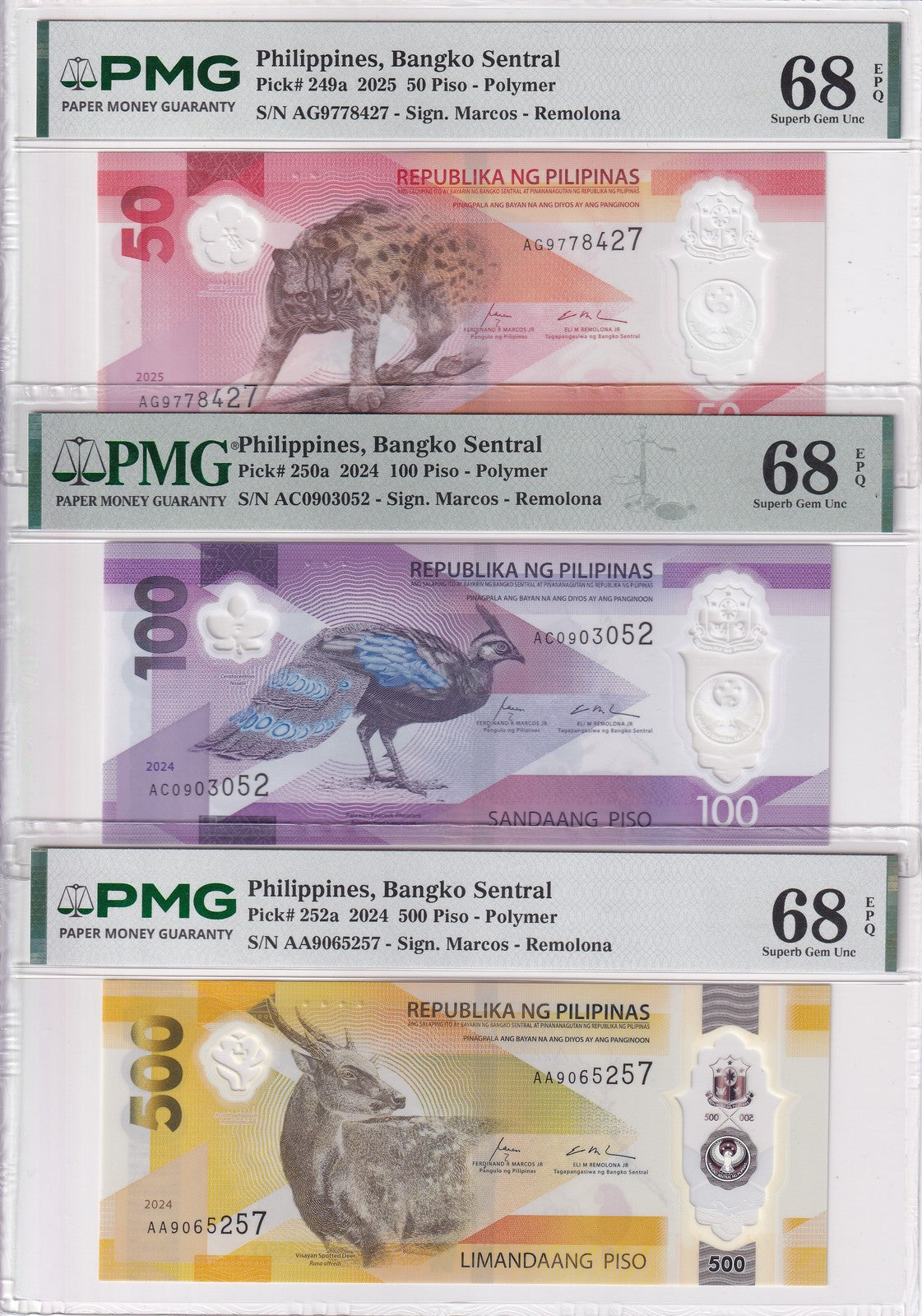 Philippines Set 3; 50 100 500 Piso 2025 P 249 250 252 Superb Gem UNC PMG 68 EPQ
