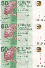 Hong Kong Set 3 UNC 50 Dollars 2013 2014 2016 P 298 SCB Turtle