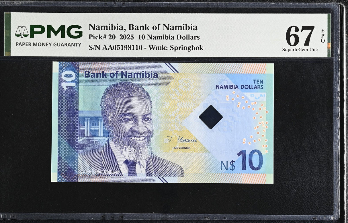 Namibia 10 Dollars 2025 P 20 Superb Gem UNC PMG 67 EPQ TOP POP