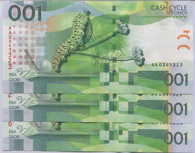 KBA Giori Butterfly 001 Cash Cycle SPECIMEN TEST NOTE Lot 3 PCS