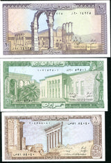 Lebanon Set 3 UNC 1 5 10 Livres 1980 1986 P 61 62 63 ,Jeita cavern ,River Kalb