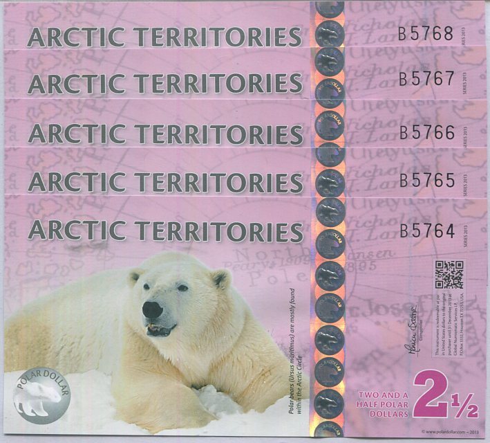 Arctic Territories 2.5 Dollars 2013 Polymer UNC LOT 5 PCS , Polar BEARS