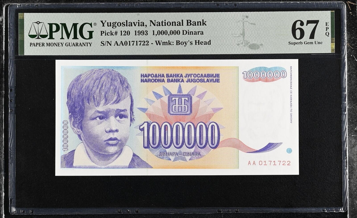 Yugoslavia 1000000 Dinara 1 Million 1993 P 120 Superb Gem UNC PMG 67 EPQ