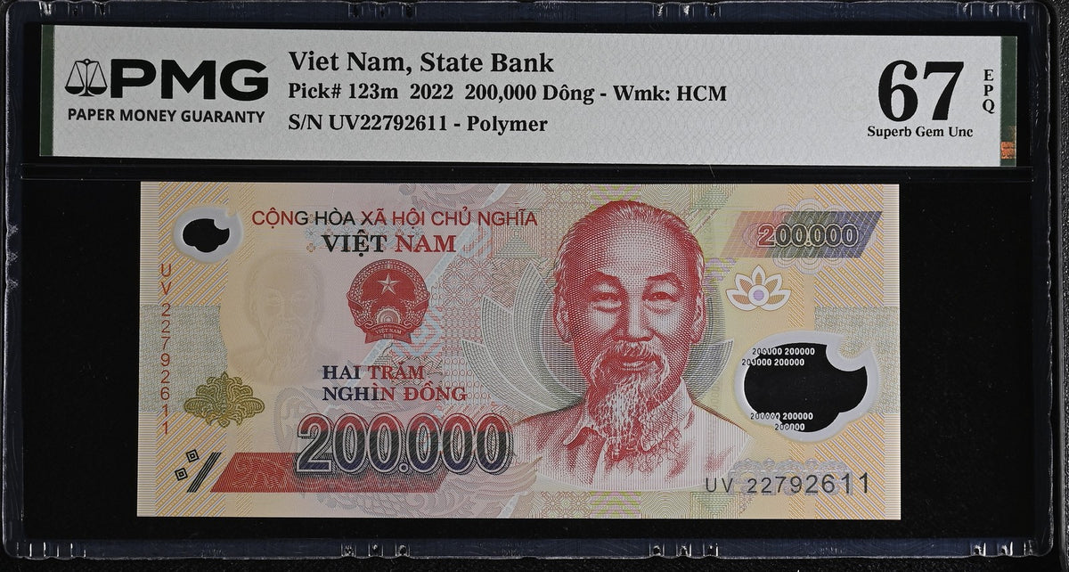 Vietnam 200000 Dong 2022 P 123 m Superb Gem UNC PMG 67 EPQ , POLYMER NOTE