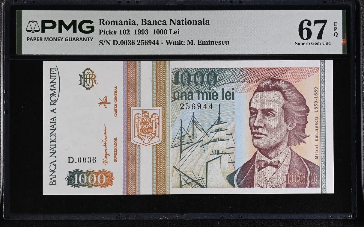 Romania 1000 Lei 1993 P 102 Superb Gem UNC PMG 67 EPQ WTM M. Eminescu