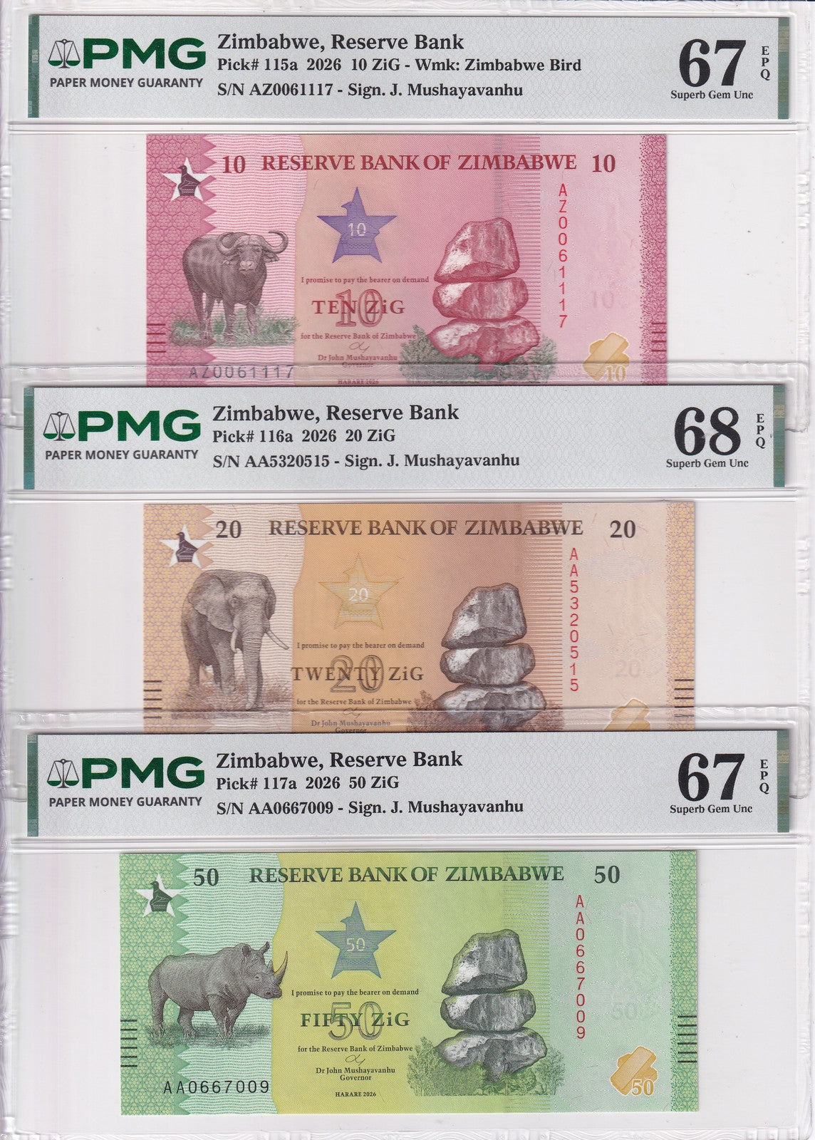 Zimbabwe Set 3, 10 20 50 Zig 2026 P 115 116 P 117 Superb Gem UNC PMG 67 68 EPQ