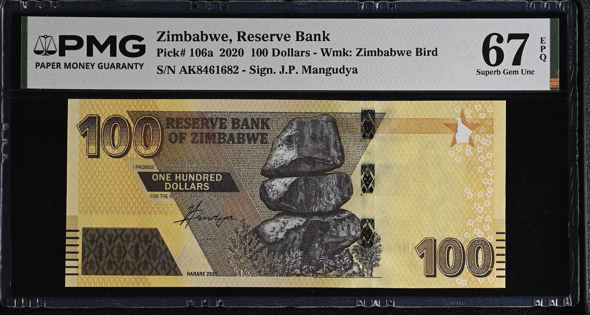 Zimbabwe 100 Dollars 2020 P 106 a Superb Gem UNC PMG 67 EPQ