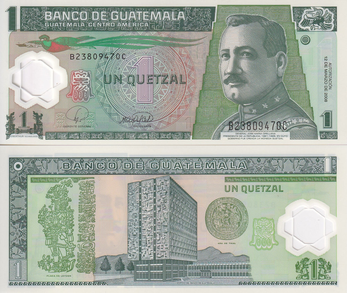 Guatemala 1 Quetzal 2008 P 115 a Polymer UNC ,Ara del Tikal seal