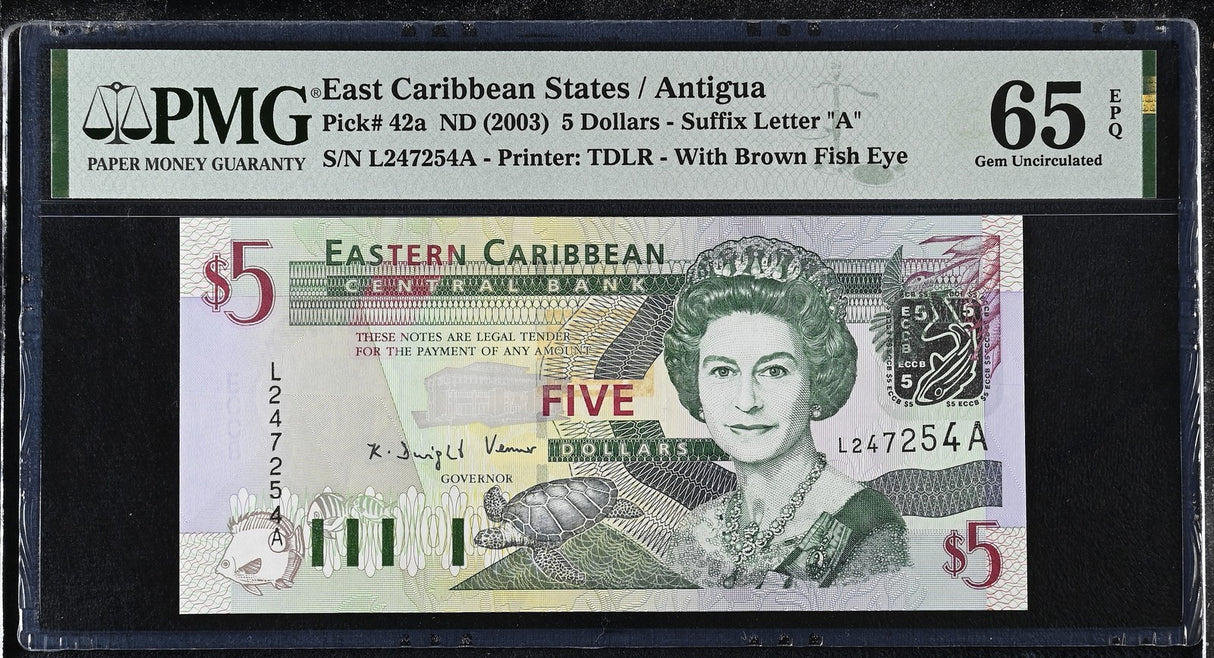 East Caribbean 5 Dollars ND 2003 P 42 a Gem UNC PMG 65 EPQ