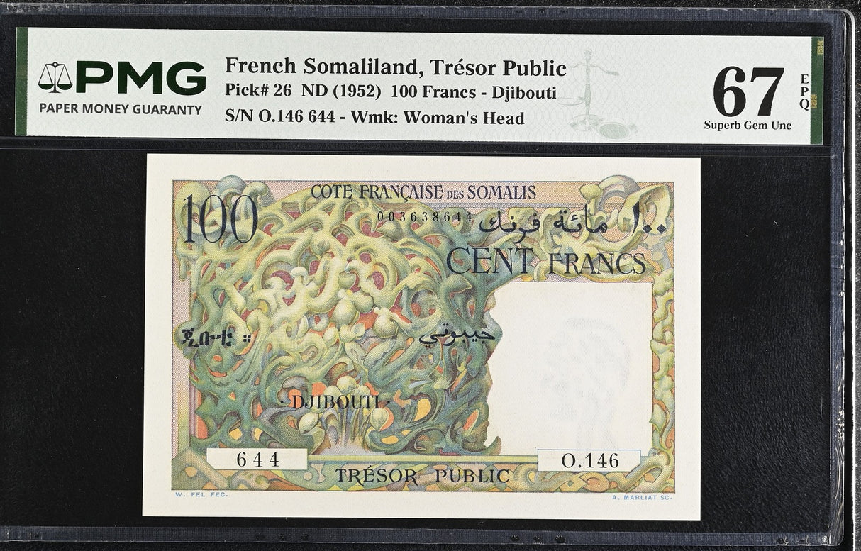 French Somaliland 100 Francs ND 1952 P 26 Superb Gem UNC PMG 67 EPQ