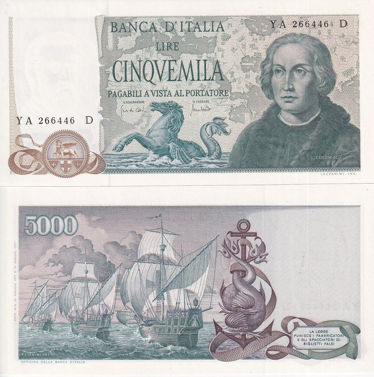 Italy 5000 Lire 1971 P 102 a UNC-