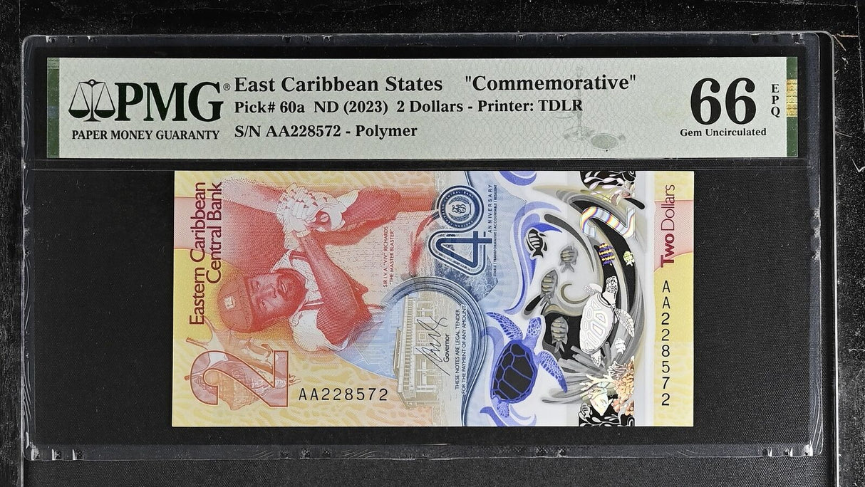East Caribbean States 2 Dollars ND 2023 P 60 a Gem UNC PMG 66 EPQ