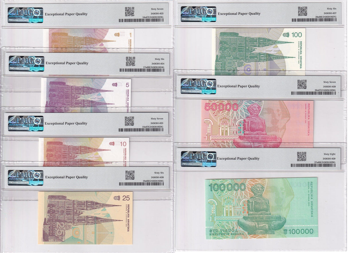 Croatia Set 7; 1 5 10 25 100 50k 100k Dinara 1991 P 27 Gem UNC PMG 66 67 68 EPQ