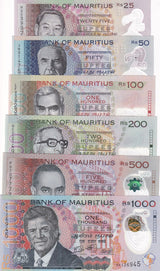 Mauritius Set 6 UNC 25 50 100 200 500 1000 Rupees 2021-2024 P 64-P W66A Polymer