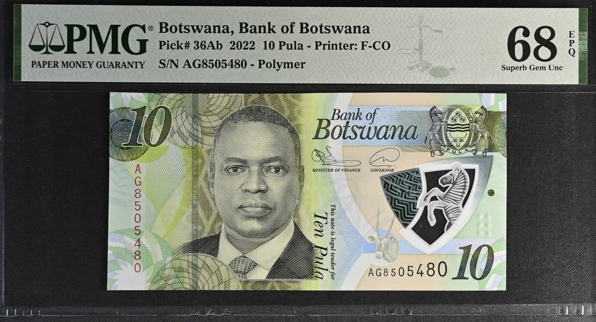 Botswana 10 Pula 2022 P 36Ab Polymer Superb Gem UNC PMG 68 EPQ TOP POP
