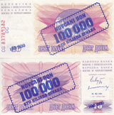 Bosnia 100000 on 10 Dinara 1993 (1992) P 34 b UNC Overprints Emergency Issue