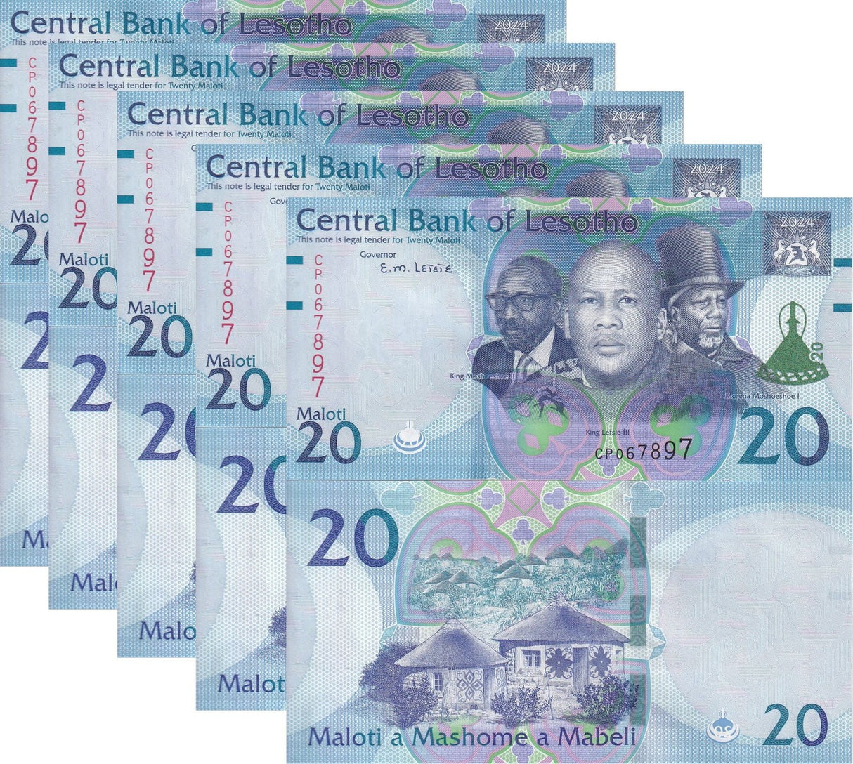 Lesotho 20 Maloti 2024 2025 P New Hybrid LOT 5 UNC